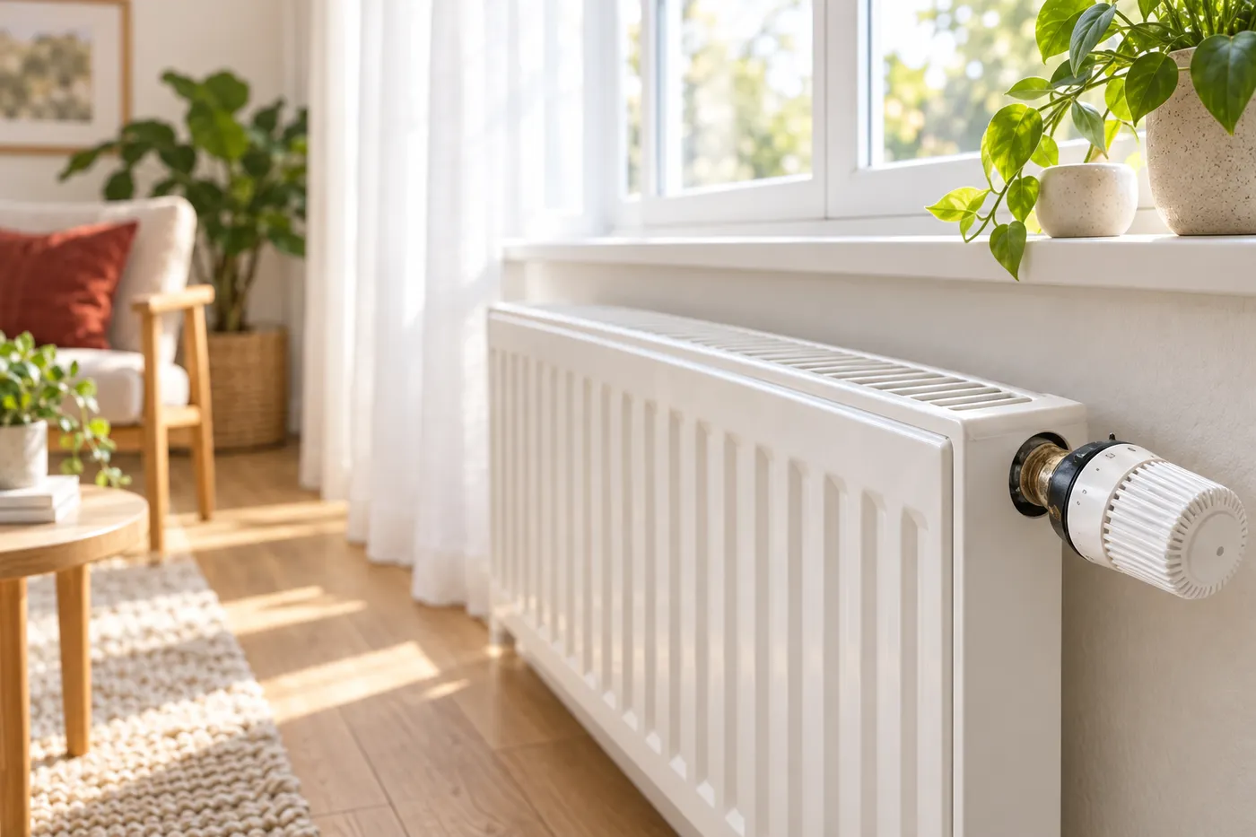 Tête thermostatique d'un radiateur blanc dans un séjour lumineux