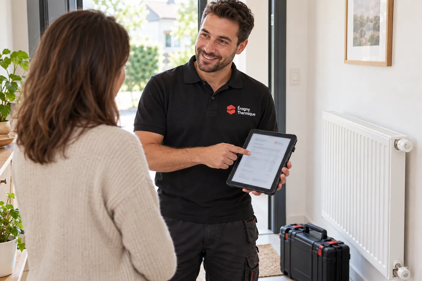 Chauffagiste en polo Éragny Thermique présentant un devis sur tablette à une habitante