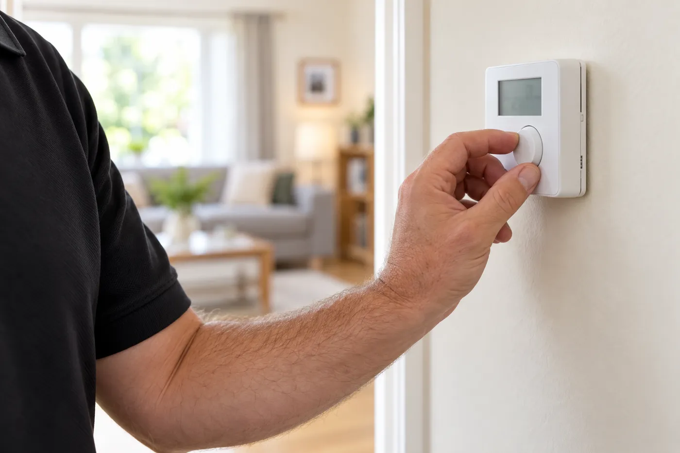 Réglage d'un thermostat d'ambiance programmable fixé au mur d'un couloir