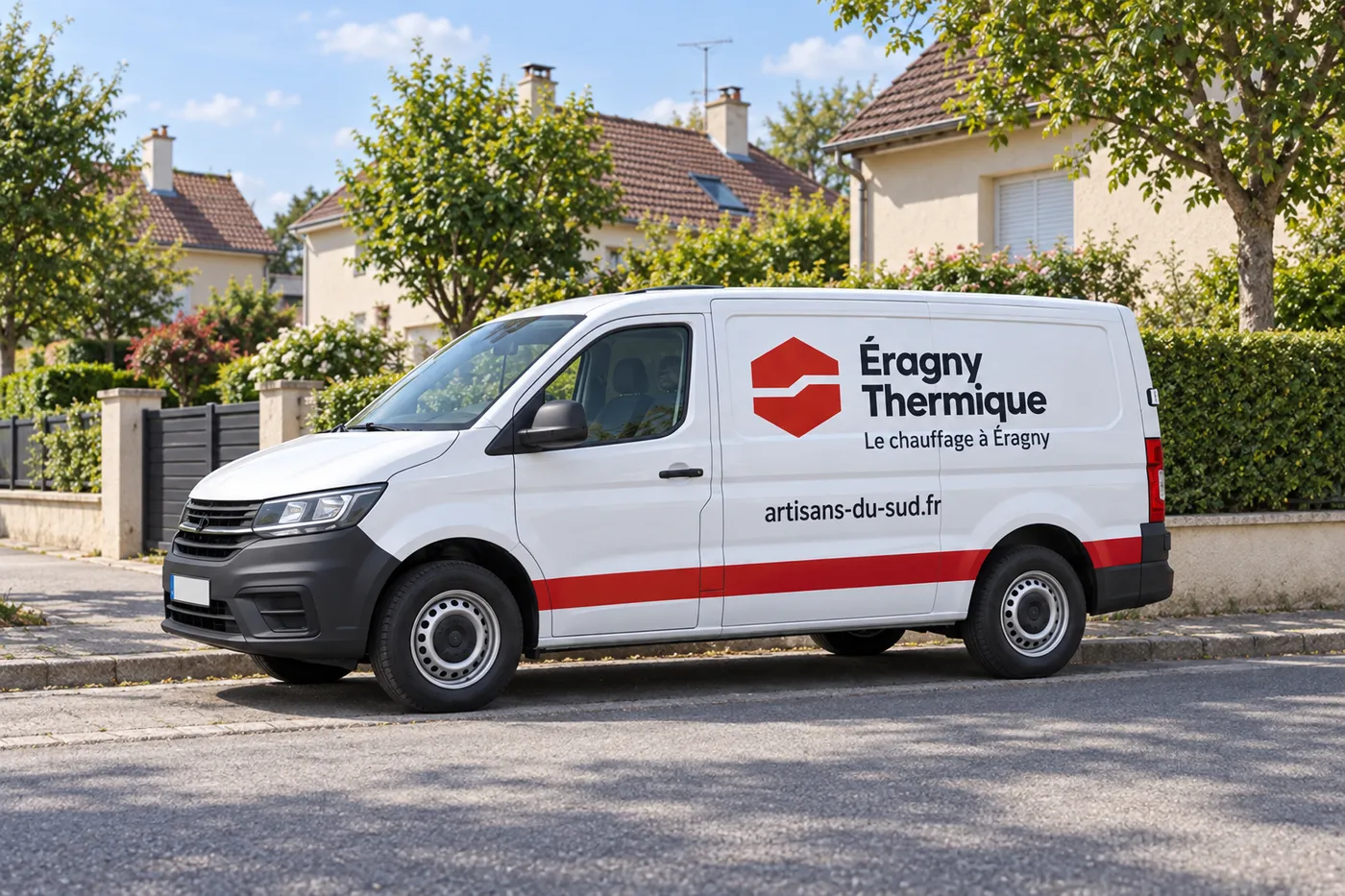 Utilitaire blanc aux couleurs d'Éragny Thermique garé dans une rue pavillonnaire
